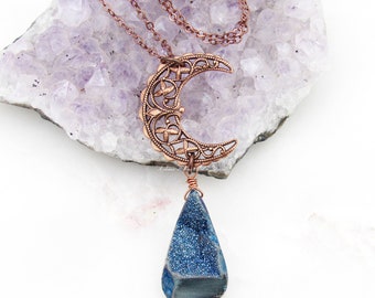 Mystic Moon Necklace Titanium Metallic Blue Druzy Agate Antiqued Copper crystal filigree long chain