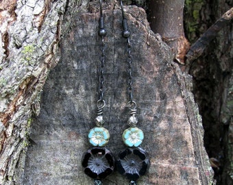 Moody Blooms Earrings dark botanical bohemian flowers black aqua patina copper