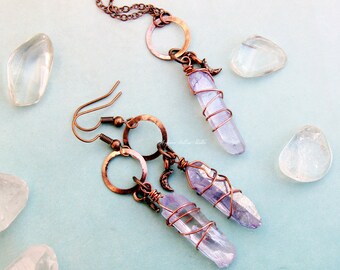 Lavender Moon Quartz Necklace Earrings Set natural gemstone copper metals crescent moon bohemian