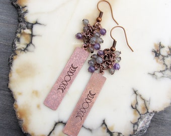 Magical Amethyst Labradorite Moon Phase Earrings Stamped Copper stone fringe gemstone crystal bohemian moonphase