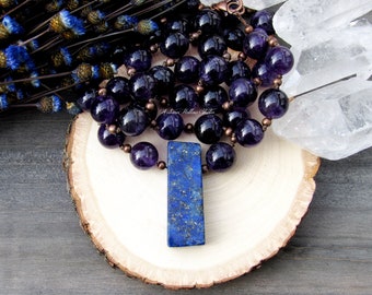 Sacred Stones Lapis Lazuli and Amethyst Necklace Gemstone Beaded Knotted crystal