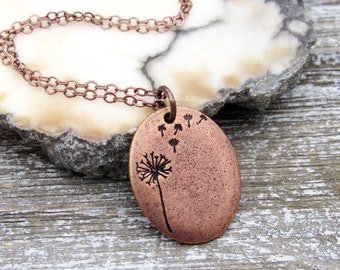 Dandelion Wishes Necklace copper stamped pendant long chain