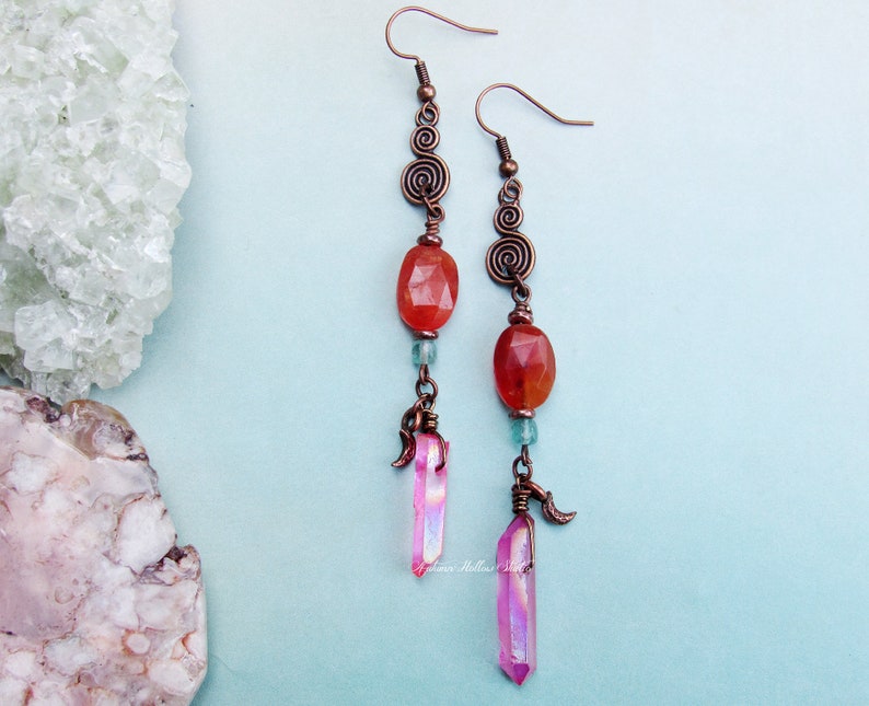 Summer Sunset Spiral Earrings carnelian blue apatite pink quartz gemstone crystal copper bohemian image 2