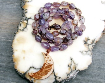 Violet Flame Auralite 23 Moon Necklace knotted beaded crystal gemstone beaded carved wood crescent pendant