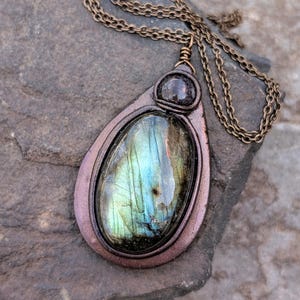Labradorite and Amethyst Necklace, artisan crafted, handmade polymer clay pendant with chain image 6