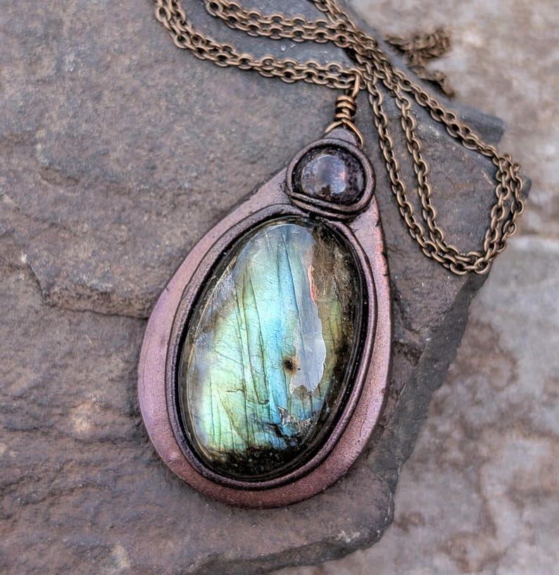Labradorite and Amethyst Necklace, artisan crafted, handmade polymer clay pendant with chain image 6