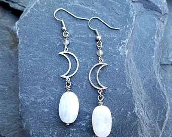 Moon Goddess Moonstone and Labradorite Earrings hammered stainless steel silver gemstone crystal