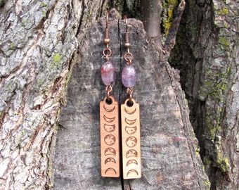 Moon Phase Crystal Earrings, Auralite 23, gemstone, carved alder wood, natural, copper, bohemian