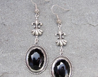 BELLADONNA Victorian Gothic Earrings Antiqued Silver with jet black glass dark noir