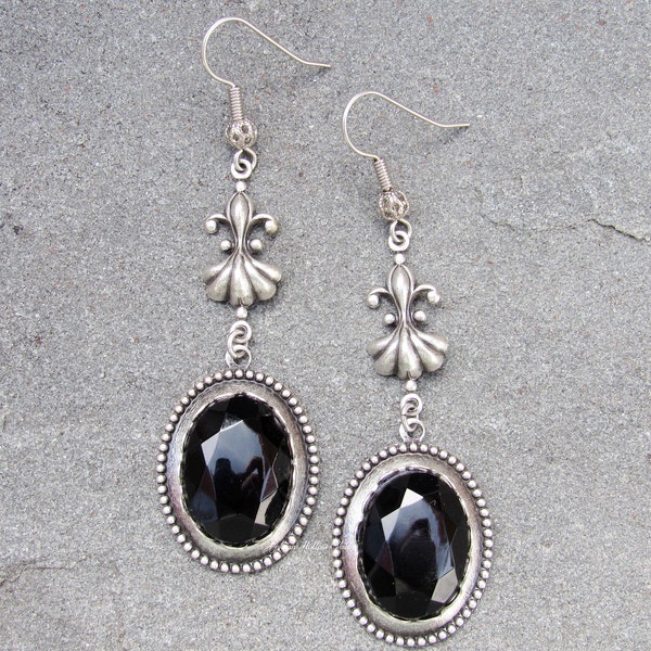 BELLADONNA Victorian Gothic Earrings Antiqued Silver with jet black glass dark noir