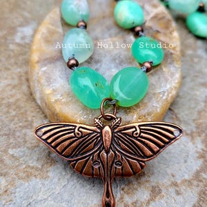 Ethereal Luna Moth Necklace made with knotted chrysoprase gemstones and antiqued copper metals, fantasy bohemian, nature inspired