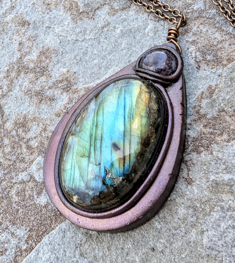 Labradorite and Amethyst Necklace, artisan crafted, handmade polymer clay pendant with chain image 4