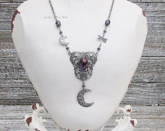 DREAMER Moon and Dragonfly Victorian Fantasy Necklace sterling silver plated filigree metals purple glass