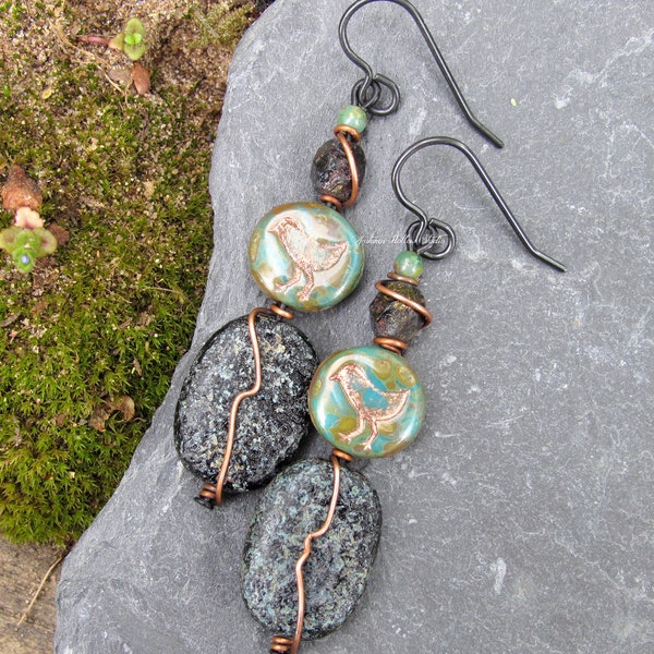 MESSENGER Bird Earrings for her, made with rustic picasso czech glass beads distressed copper metals