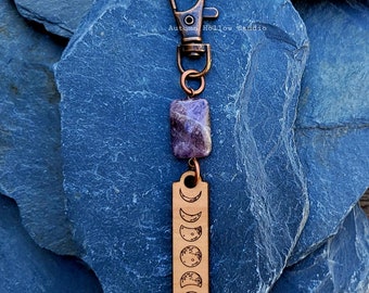 Amethyst Moon Phase Keychain raw stone gemstone copper metal carved wood purse bag charm key chain backpack