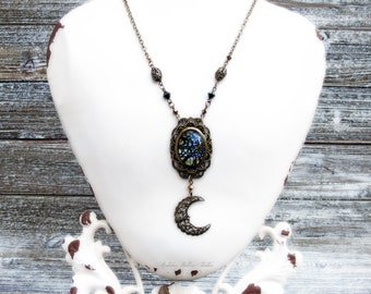 Starry Night Victorian Necklace Crescent Moon Antiqued Brass harlequin glass opal blue gold