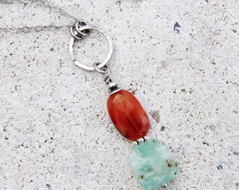 Carnelian and Chrysoprase Pendant Necklace with 28" chain layering delicate dainty gemstone crystal bohemian