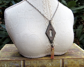 Vintage Brass Keyhole Necklace Tangerine Quartz upcycled patina gemstone aura crystal escutcheon vintaj victorian