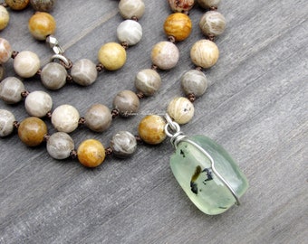 Earth Energy Fossil Coral and Prehnite Gemstone Beaded Knotted Necklace