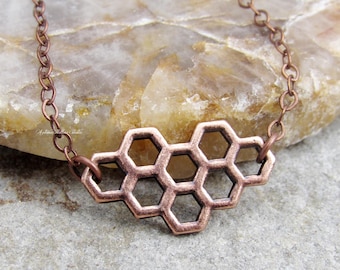 Honeycomb Necklace: Dainty Antiqued Copper Honeybee Pendant