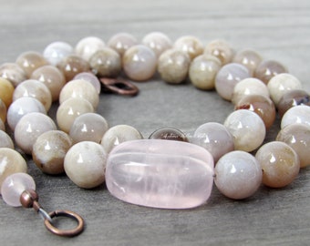 PINK SANDS Necklace Dendritic Ocean Agate and Rose Quartz beaded gemstone crystal  bohemian choker