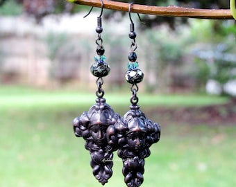 Persephone the Dread Empress Earrings black patina copper czech glass greek goddess art nouveau