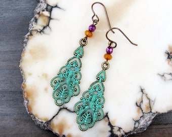 Boho Style Patina and Czech Glass Filigree Earrings, verdigris, turquoise, blue, purple, orange bohemian