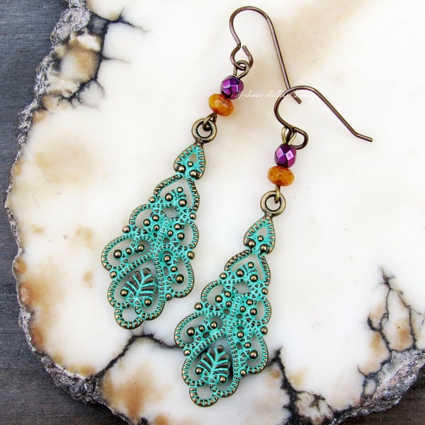 Boho Style Patina and Czech Glass Filigree Earrings, verdigris, turquoise, blue, purple, orange bohemian