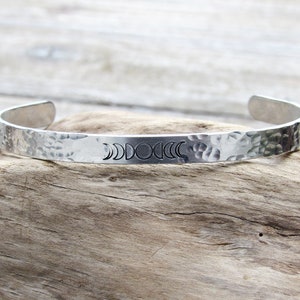 Phases of Luna Stamped Bracelet Aluminum Hammered Cuff Bangle Open Adjustable Moon phase Moonphase image 1