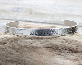 Phases of Luna Stamped Bracelet Aluminum Hammered Cuff Bangle Open Adjustable Moon phase Moonphase