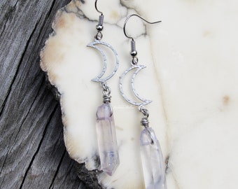 Thistle Moon Earrings pale purple quartz hammered stainless steel silver crystal gemstone dangle bohemian boho