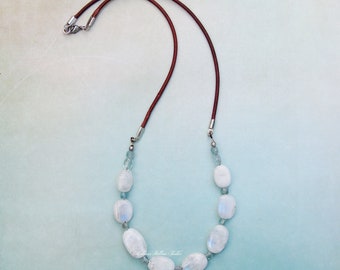 Moonglow Gemstone Beaded Necklace with Moonstone and Blue Apatite, crystal, bohemian, leather cord, moon