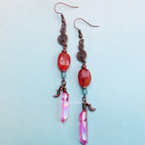 Summer Sunset Spiral Earrings carnelian blue apatite pink quartz gemstone crystal copper bohemian image 6