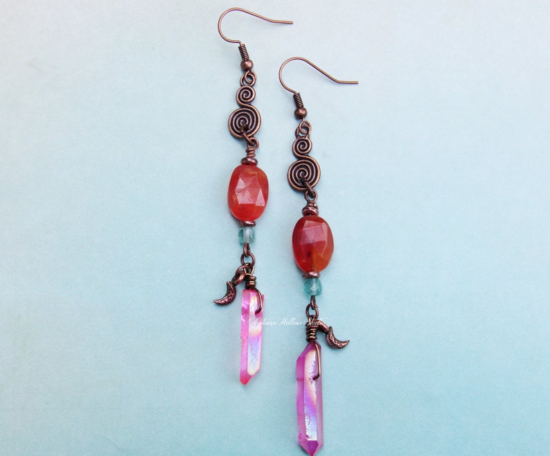 Summer Sunset Spiral Earrings carnelian blue apatite pink quartz gemstone crystal copper bohemian image 6