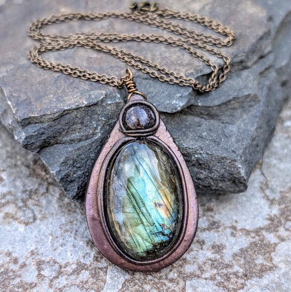 Labradorite and Amethyst Necklace, artisan crafted, handmade polymer clay pendant with chain