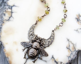 Sacred Bee Gemstone Necklace Green Garnet Antiqued Brass Crescent Moon Art Nouveau fantasy greek mythology