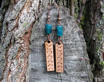 Blue Apatite Moon Phase Earrings carved alder wood bohemian moonphase copper gemstone crystal