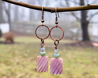 Pastel Shores Natural Pink Shell Earrings with fancy jasper labradorite gemstone copper drops hoops crystal