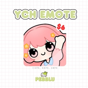 Può includere: Illustrazione digitale di un simpatico personaggio in stile anime con capelli rosa e grandi occhi neri. Il personaggio alza una mano e ha accenti a stella. Il testo recita "YCH EMOTE" e "$6". Il logo "PEBBLU" è in basso.