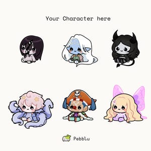 以下が含まれることがあります： 上部に「Your Character here」、下部に「Pebblu」というテキストが書かれた、6体のちびキャラを描いたデジタルイラスト。キャラクターには、黒髪の人物、青い肌のエルフ、黒い悪魔、タコのような生き物、海賊、妖精が含まれています。