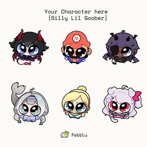 Puede incluir: Seis ilustraciones de personajes estilo chibi dispuestas en dos filas. El texto dice 'Your Character here [Silly Lil Goober]' en la parte superior y 'Pebblu' en la parte inferior. Los personajes tienen ojos grandes y atuendos distintos, incluyendo un demonio, un fontanero, una figura de pelo oscuro, un personaje con temática de tiburón, una figura rubia y una figura de pelo blanco.