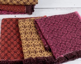 Handwoven Cotton Washcloth - One of a Kind - Soft Fringe - Choose Your Pattern - Brown Warp, Warm Colors (Pink, Orange, Yellow)