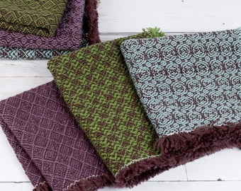 Handwoven Cotton Washcloth - One of a Kind - Soft Fringe - Choose Your Pattern - Brown Warp, Cool Colors (Green, Blue, Purple)