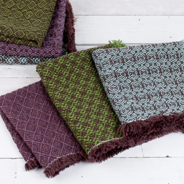 Handwoven Cotton Washcloth - One of a Kind - Soft Fringe - Choose Your Pattern - Brown Warp, Cool Colors (Green, Blue, Purple)