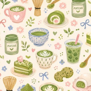 Könnte beinhalten: Ein Muster mit Matcha-Illustrationen auf cremefarbenem Hintergrund, darunter Matcha-Lattes in Tassen, Grüntee-Rollen, mit Matcha beschriftete Gläser, Bambusbesen, Eistee-Getränke, grüne Kuchen, Kekse sowie kleine rosa Blüten und blaue Schleifen.