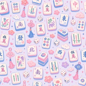 Könnte beinhalten: Nahtloses Muster mit pastellfarbenen Mahjong-Steinen, Würfeln und dekorativen Elementen. Die Spielsteine zeigen chinesische Schriftzeichen und florale Designs in Rosa, Blau und Weiß. Der Hintergrund ist ein helles Lavendel.