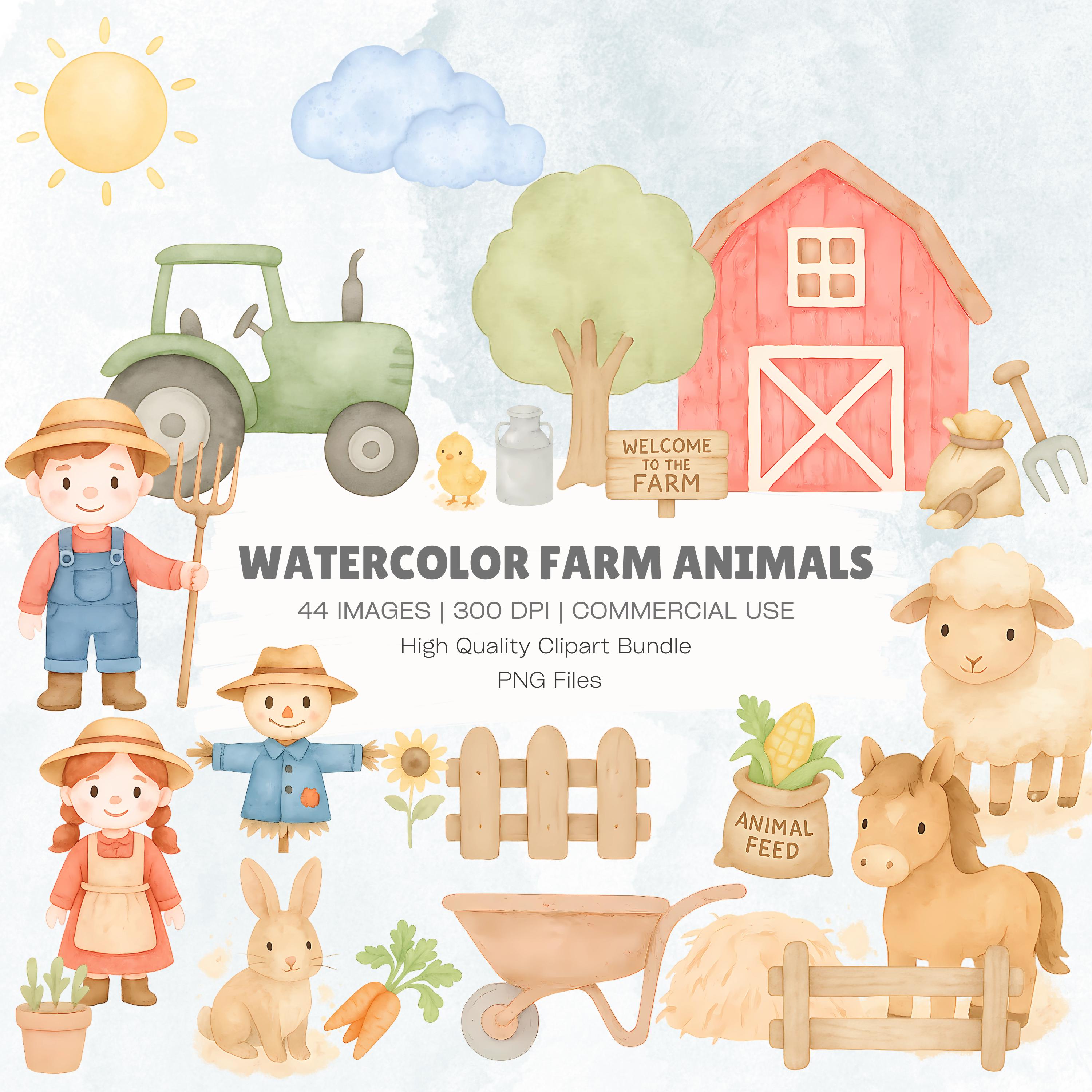 Watercolor Farm Animal Clipart Bundle: Barn, Tractor, Lamb (PNG Files ...
