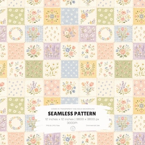 May include: A seamless pattern design featuring a patchwork of floral arrangements in pastel colors. Each square showcases a different bouquet or wreath of flowers, with a cream-colored background and the text "SEAMLESS PATTERN" and dimensions of 12 inches x 12 inches.