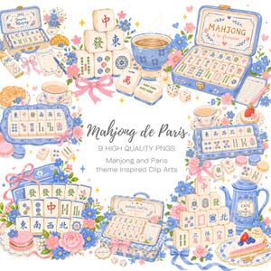 Könnte beinhalten: Ein digitales Illustrationsset mit Mahjong-Steinen, blau gemusterten Teeservices, Croissants, Macarons und Kuchen, verziert mit rosa und blauen Blumen. Der Text lautet Mahjong de Paris, 9 HIGH QUALITY PNGS, Mahjong and Paris theme Inspired Clip Arts.