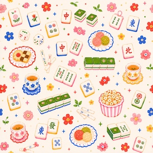 Peut inclure: Un motif répétitif composé de tuiles de Mahjong avec divers symboles et caractères, de petites tasses de thé sur soucoupes, d'assiettes de douceurs rondes colorées, de bols de pop-corn et de fleurs roses et rouges sur fond crème.